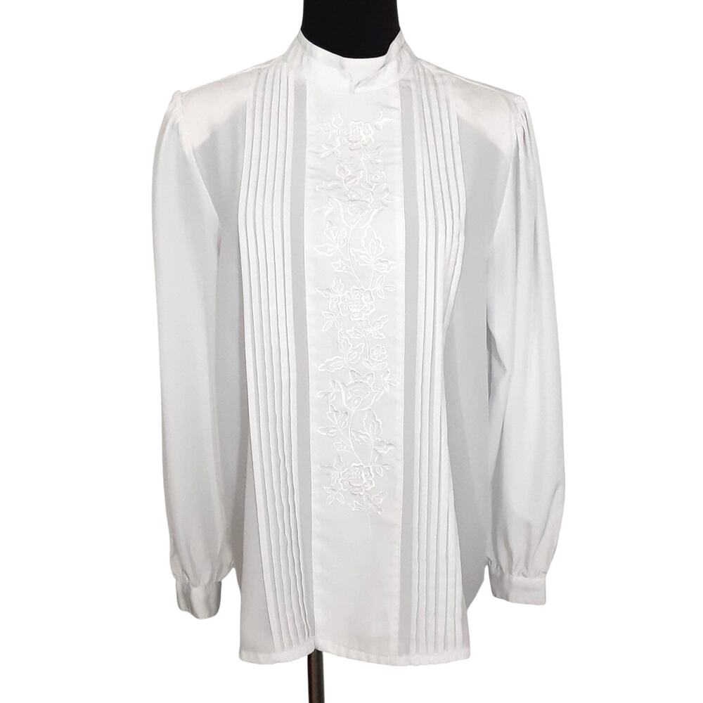 Vintage 80s Peter Pan Collar Button Up Shirt White Tuxedo Ruffle Womens L